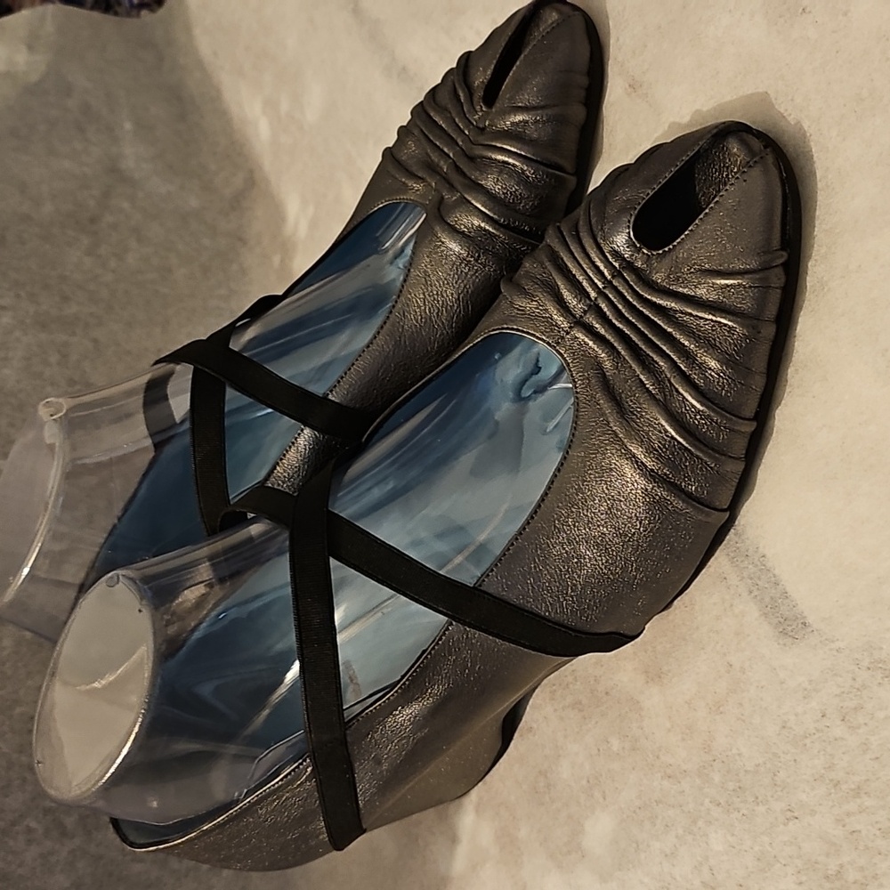 Thierry Rabotin Gun Metal Color (Black Silver) Leather Criss-Cross Wedges